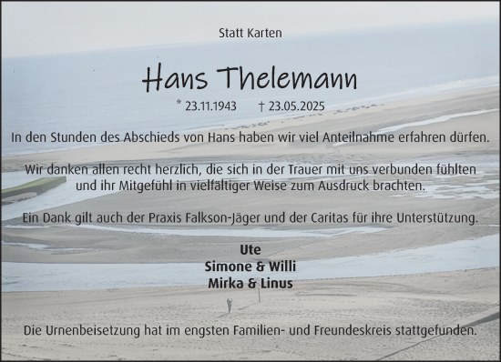 Traueranzeige von Hans Thelemann von NNA