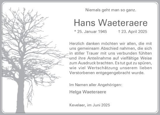 Traueranzeige von Hans Waeteraere von NNA