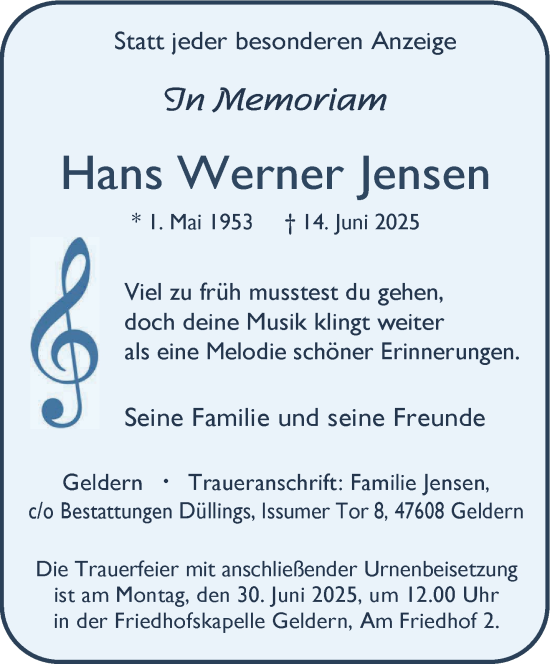 Traueranzeige von Hans Werner Jensen von NNA