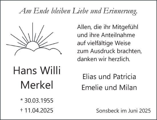 Traueranzeige von Hans Willi Merkel von NNA