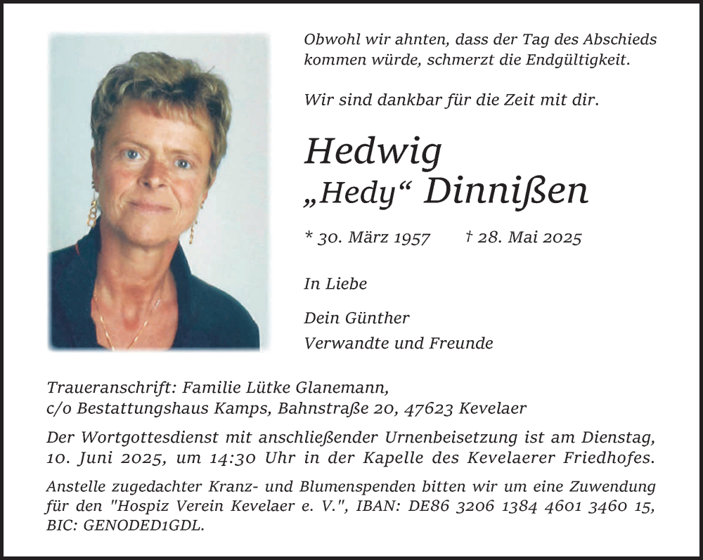  Traueranzeige für Hedwig Dinnißen vom 07.06.2025 aus NNA