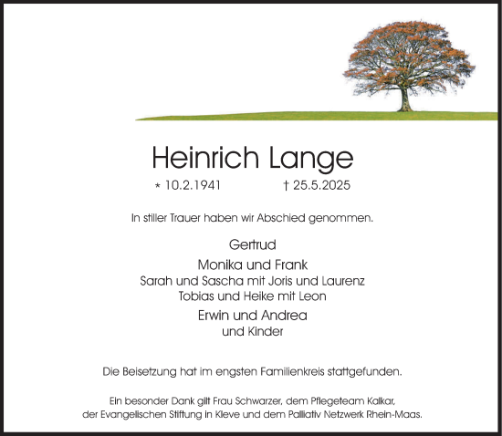 Traueranzeige von Heinrich Lange von NNA