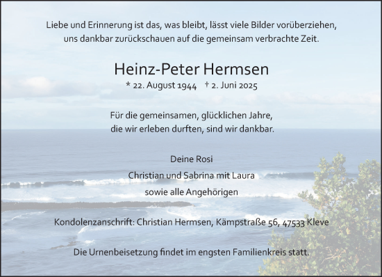 Traueranzeige von Heinz-Peter Hermsen von NNA
