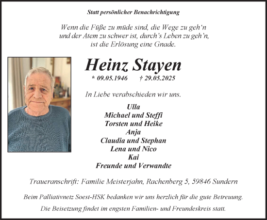Traueranzeige von Heinz Stayen von NNA