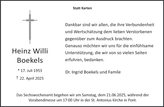 Traueranzeige von Heinz Willi Boekels von NNA
