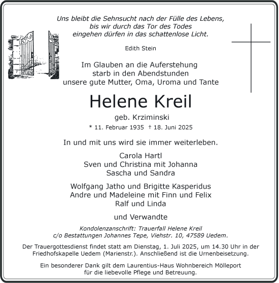 Traueranzeige von Helene Kreil von NNA