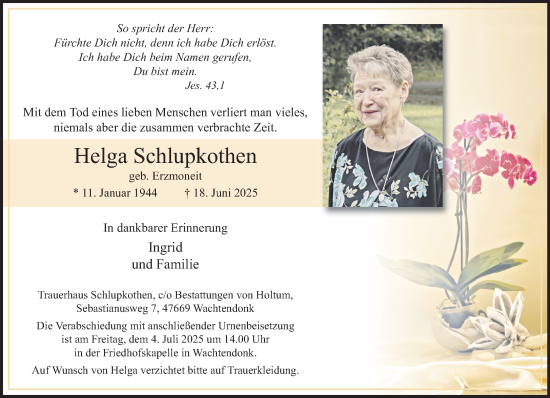 Traueranzeige von Helga Schlupkothen von NNA