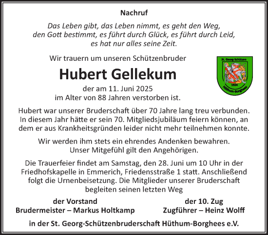 Traueranzeige von Hubert Gellekum von NNA