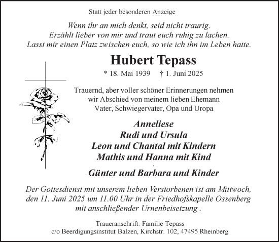 Traueranzeige von Hubert Tepass von NNA