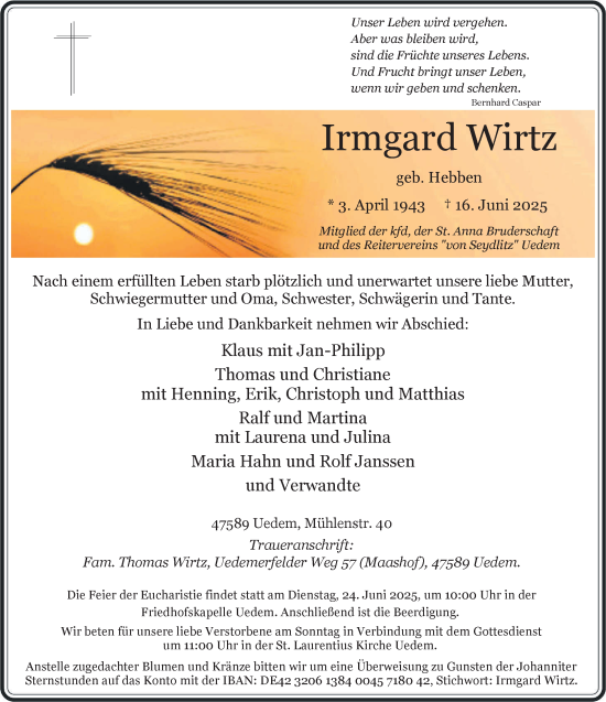 Traueranzeige von Irmgard Wirtz von NNA