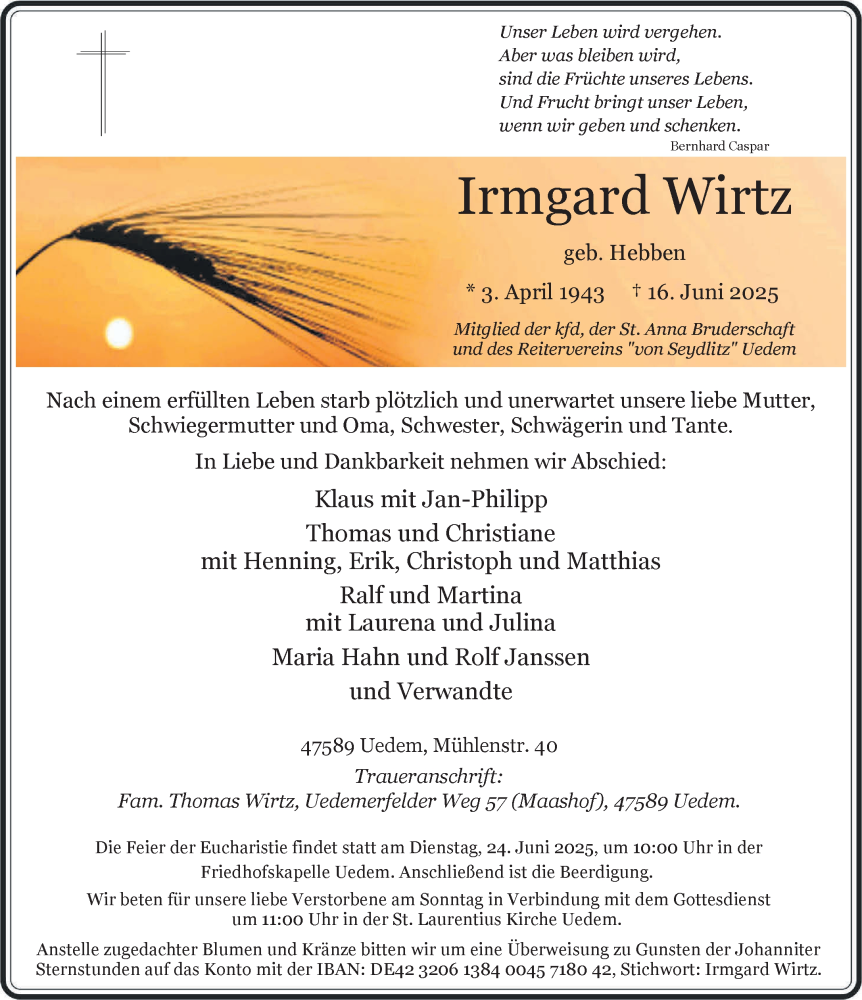  Traueranzeige für Irmgard Wirtz vom 21.06.2025 aus NNA