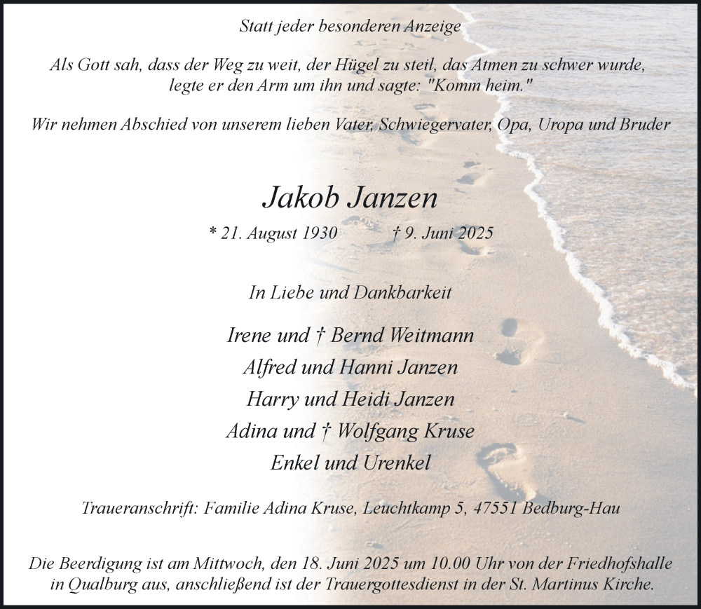  Traueranzeige für Jakob Janzen vom 14.06.2025 aus NNA
