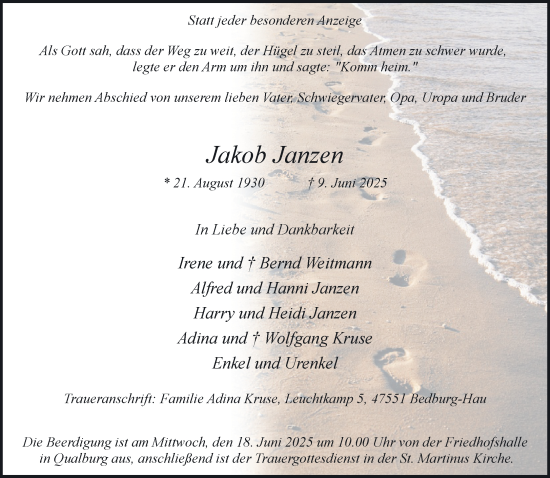 Traueranzeige von Jakob Janzen von NNA