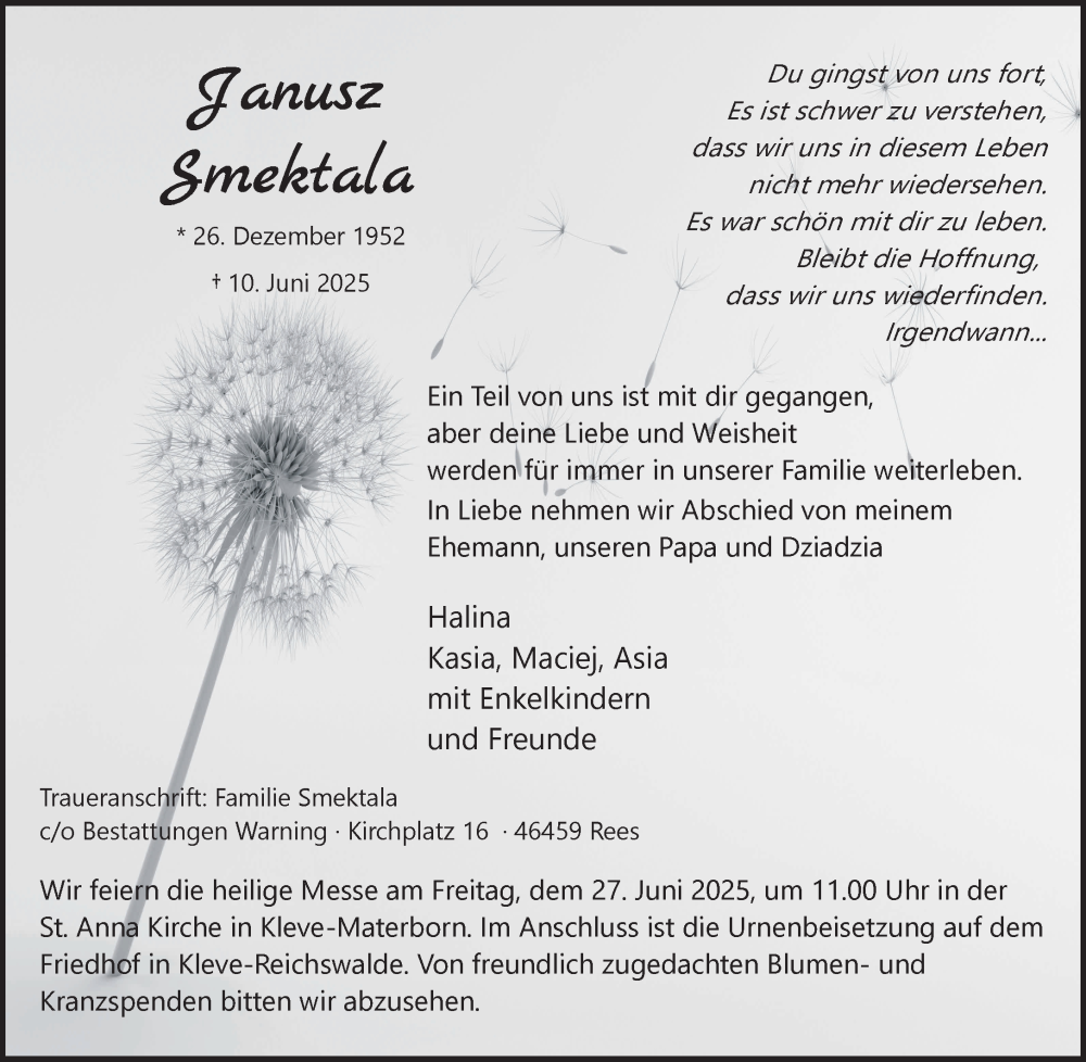  Traueranzeige für Janusz Smektala vom 21.06.2025 aus NNA