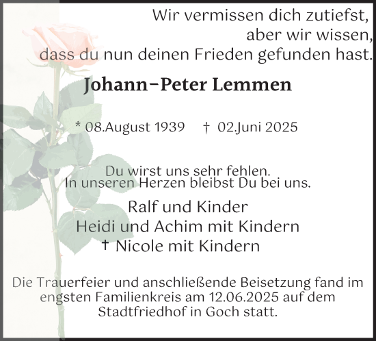 Traueranzeige von Johann-Peter Lemmen von NNA