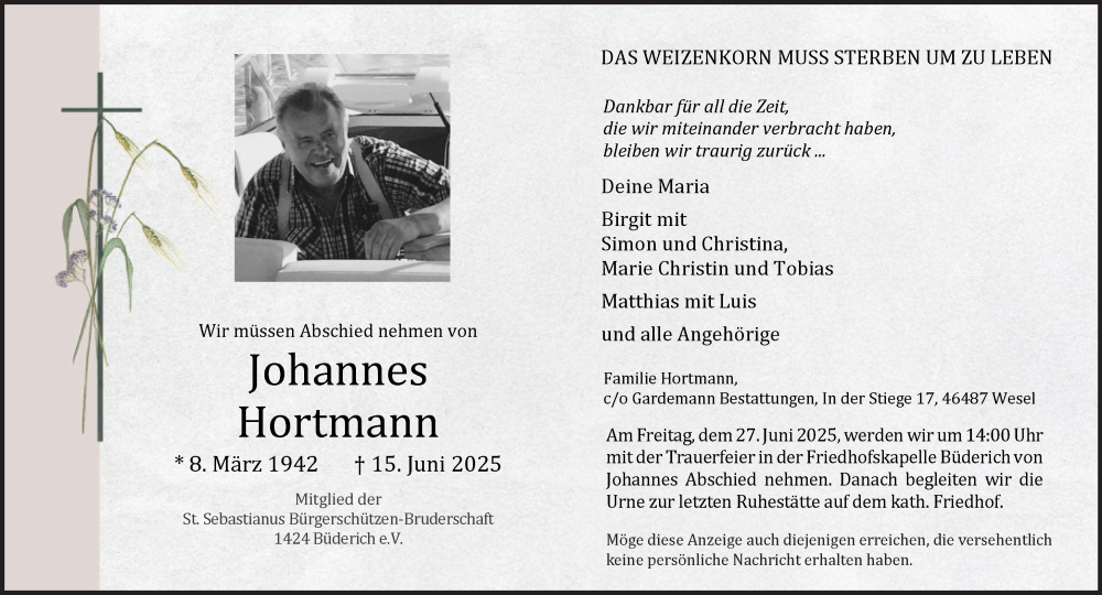  Traueranzeige für Johannes Hortmann vom 18.06.2025 aus NNA