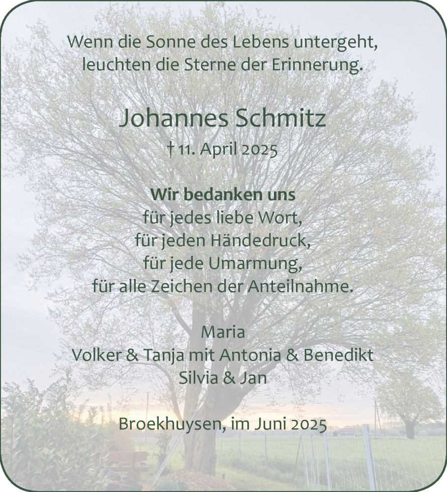 Traueranzeige für Johannes Schmitz vom 07.06.2025 aus NNA