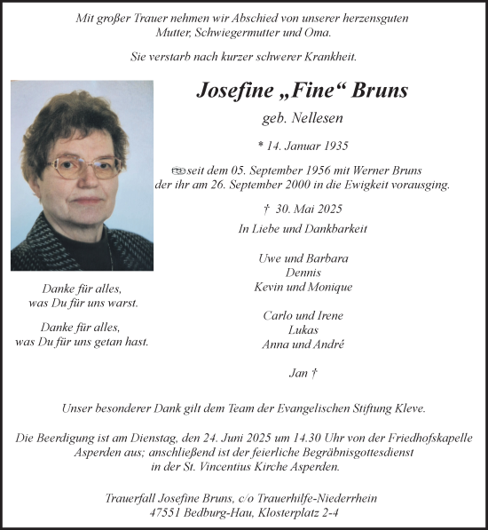 Traueranzeige von Josefine Bruns von NNA