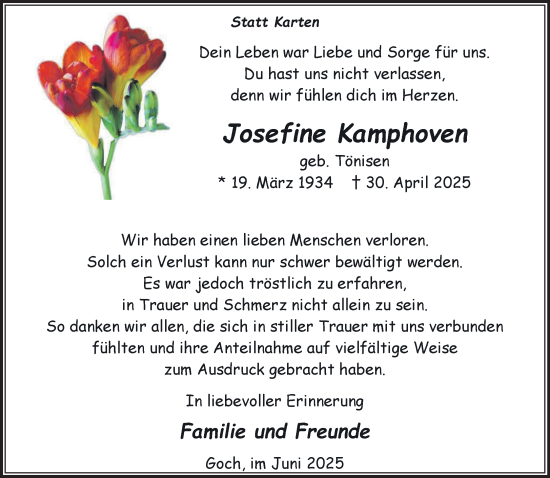Traueranzeige von Josefine Kamphoven von NNA