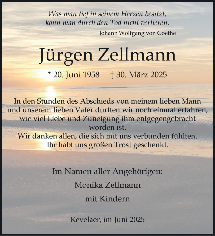  Traueranzeige für Jürgen Zellmann vom 07.06.2025 aus NNA
