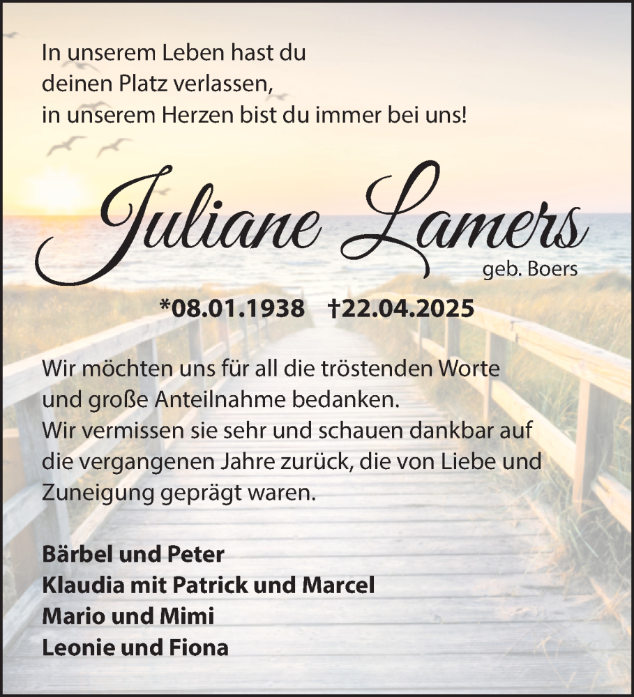  Traueranzeige für Juliane Lamers vom 14.06.2025 aus NNA