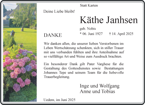 Traueranzeige von Käthe Janhsen von NNA