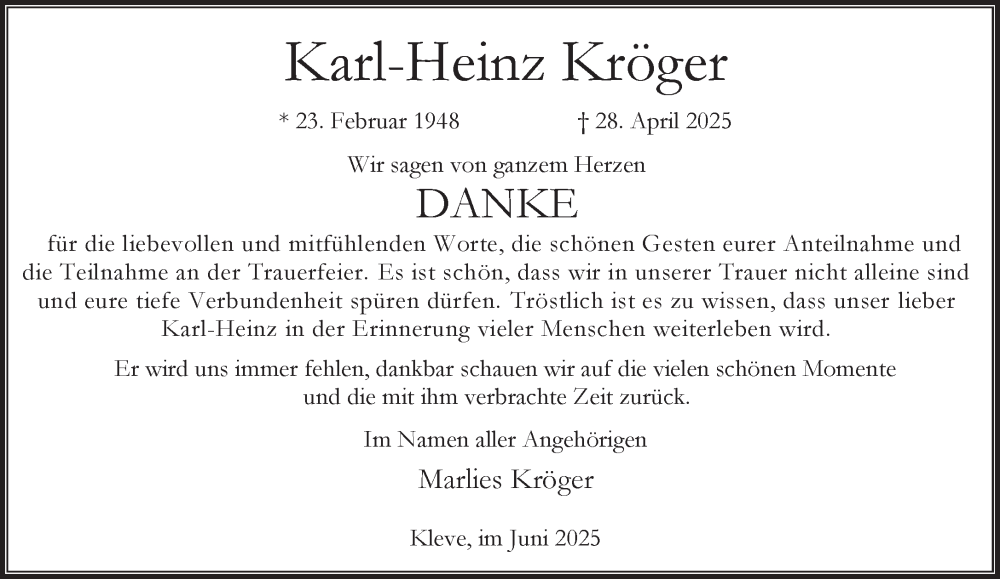  Traueranzeige für Karl-Heinz Kröger vom 07.06.2025 aus NNA