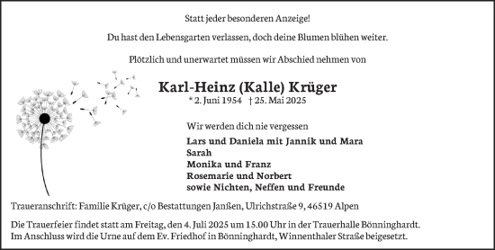 Traueranzeige von Karl-Heinz Krüger von NNA
