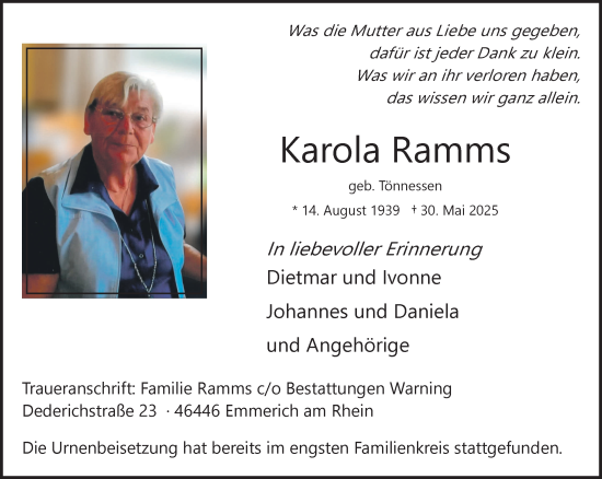 Traueranzeige von Karola Ramms von NNA