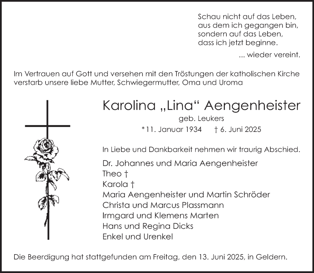  Traueranzeige für Karolina Aengenheister vom 14.06.2025 aus NNA