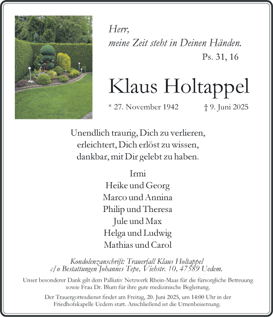 Traueranzeige von Klaus Holtappel von NNA