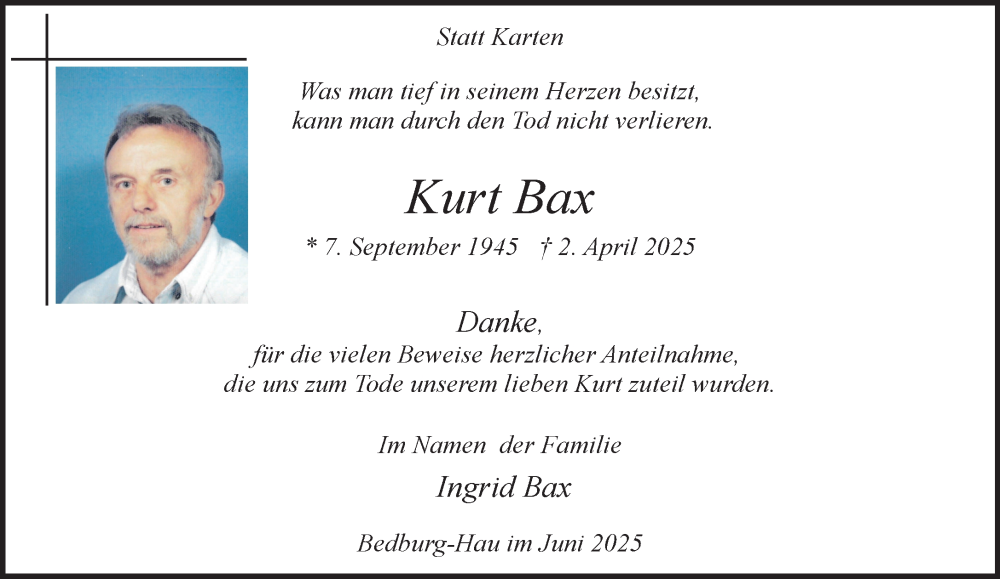  Traueranzeige für Kurt Bax vom 28.06.2025 aus NNA