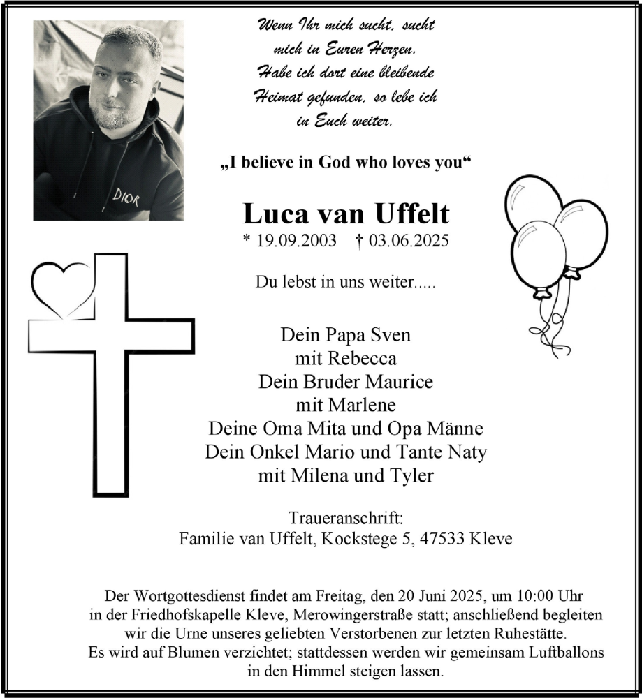  Traueranzeige für Luca van Uffelt vom 14.06.2025 aus NNA