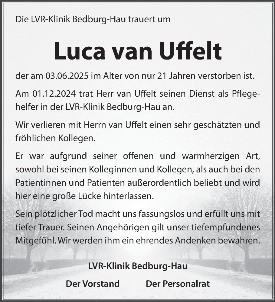  Traueranzeige für Luca van Uffelt vom 21.06.2025 aus NNA