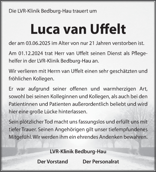 Traueranzeige von Luca van Uffelt von NNA