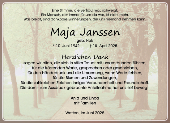 Traueranzeige von Maja Janssen von NNA