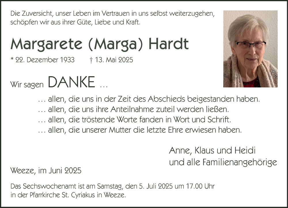  Traueranzeige für Margarete Hardt vom 28.06.2025 aus NNA