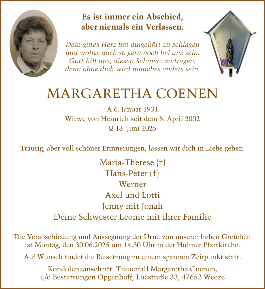  Traueranzeige für Margaretha Coenen vom 21.06.2025 aus NNA