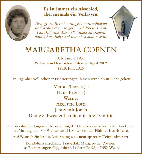 Traueranzeige von Margaretha Coenen von NNA