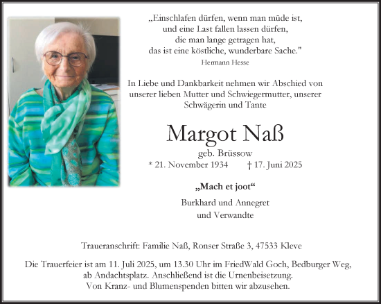 Traueranzeige von Margot Naß von NNA