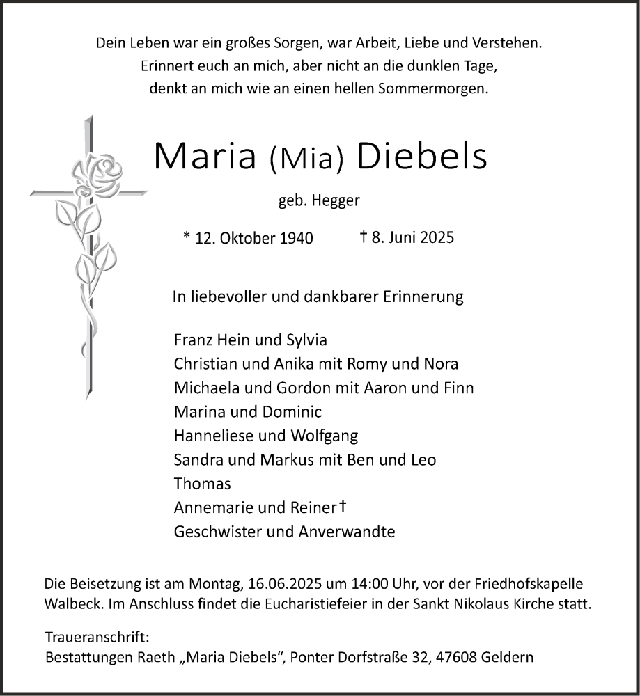  Traueranzeige für Maria Diebels vom 14.06.2025 aus NNA