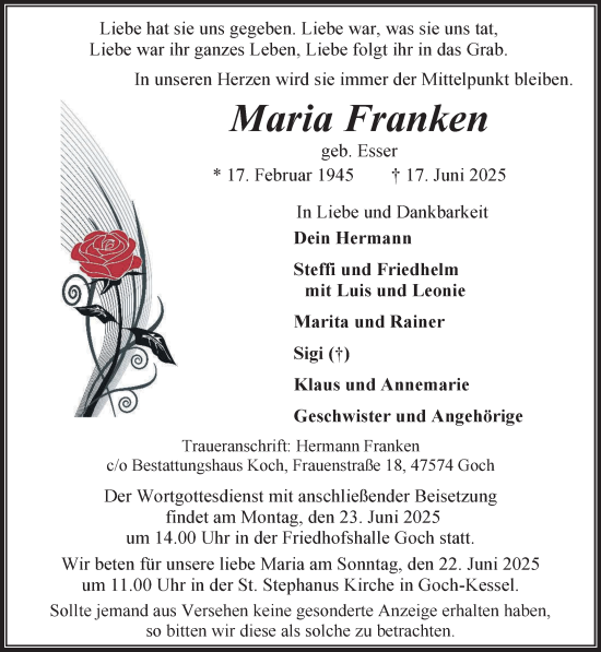 Traueranzeige von Maria Franken von NNA