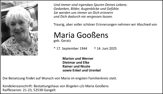 Traueranzeige von Maria Gooßens von NNA
