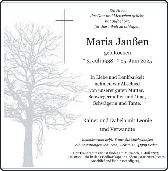 Traueranzeige von Maria Janßen von NNA