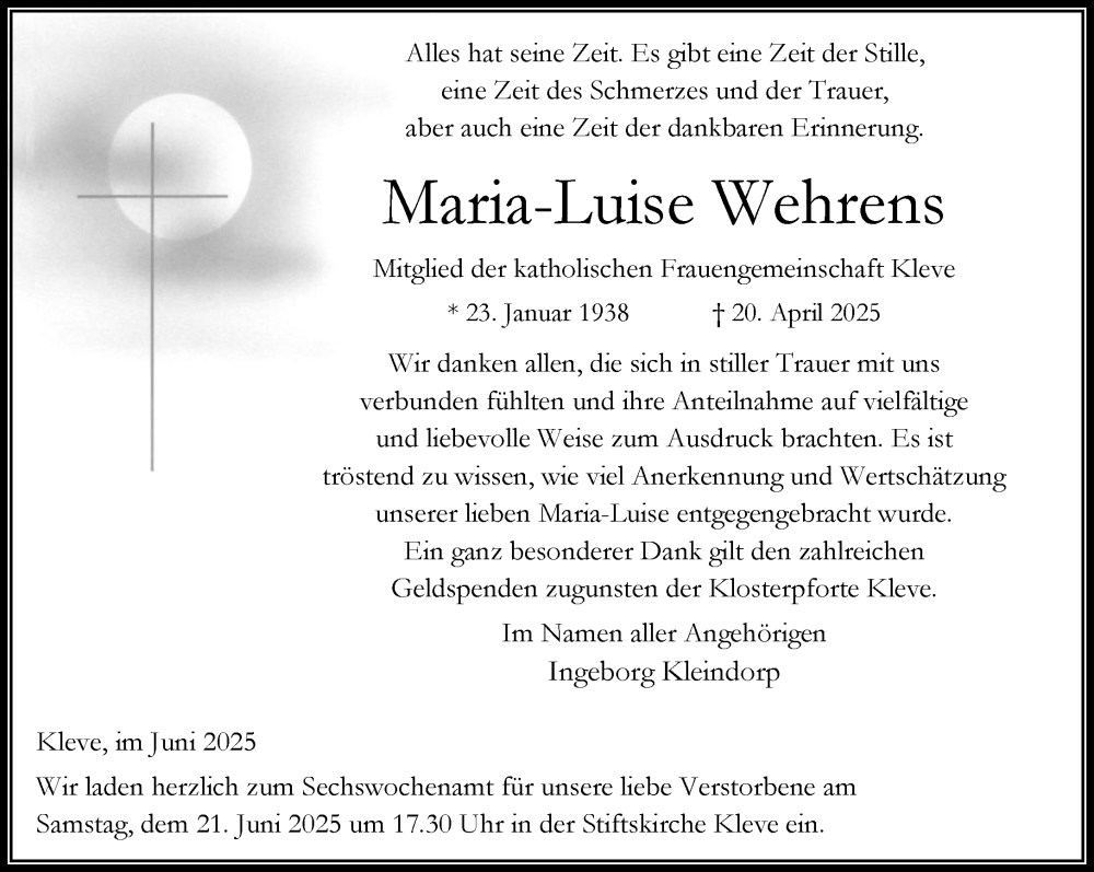  Traueranzeige für Maria-Luise Wehrens vom 14.06.2025 aus NNA