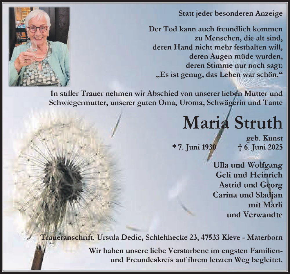  Traueranzeige für Maria Struth vom 21.06.2025 aus NNA