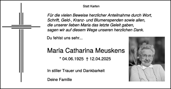 Traueranzeige von Maria Catharina Meuskens von NNA