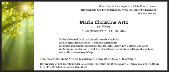 Traueranzeige von Maria Christine Artz von NNA