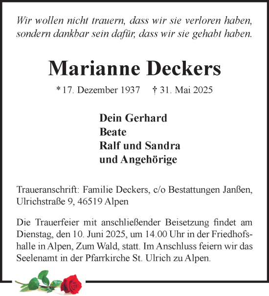 Traueranzeige von Marianne Deckers von NNA