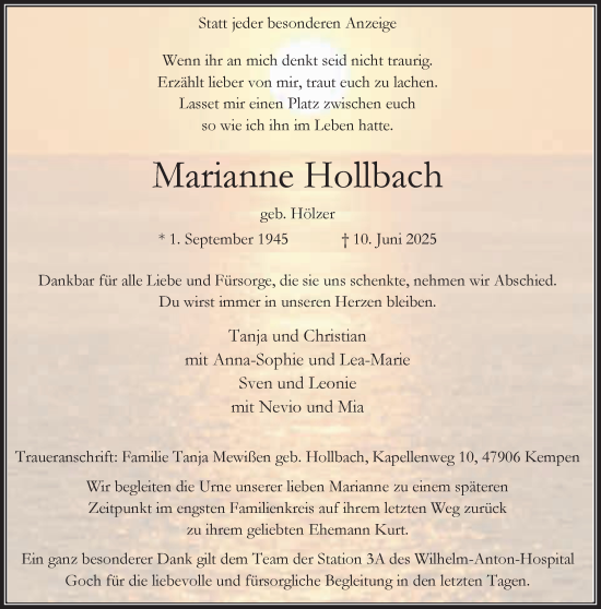Traueranzeige von Marianne Hollbach von NNA